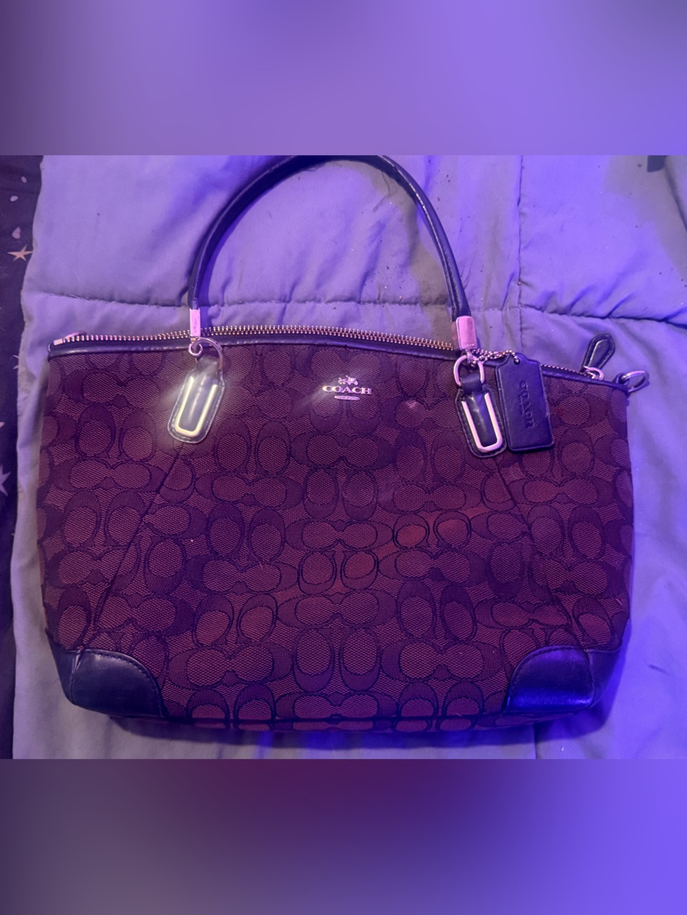 Coach Signature Canvas Shoulder Tote in Brown with Black Trim